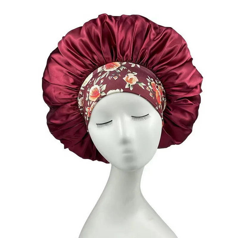 New Arrival Stretchable Wide Floral Band Sleeping Cap Breathable Single Layer Satin Hair Bonnets Shower Cap
