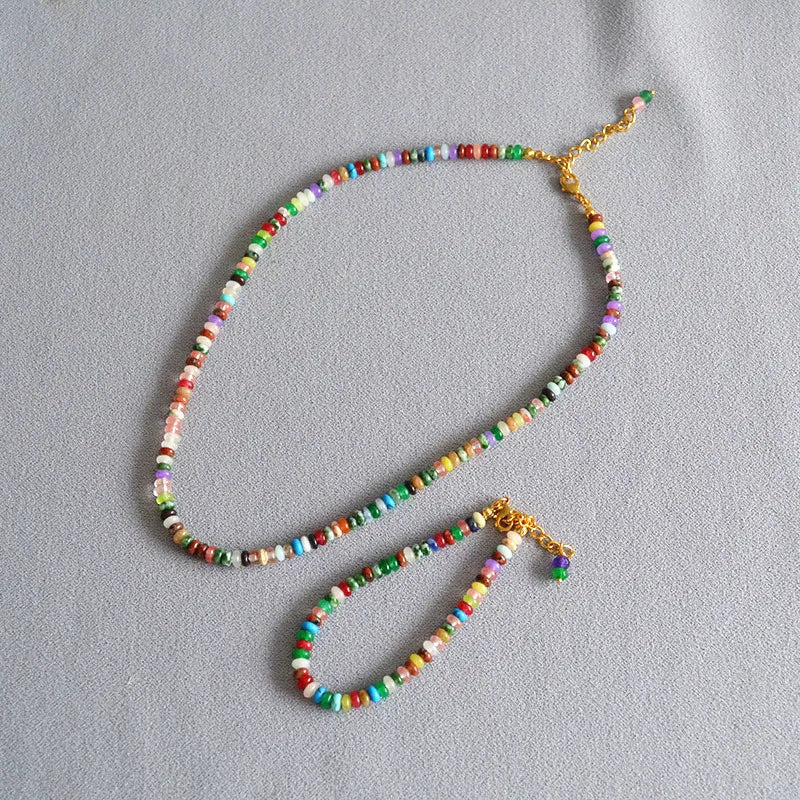 Bohemia Handmade Colorful Agate Brass Beaded Bracelet Necklace Set Daily Natural Stone Beads Necklace Jewelry Set for Women