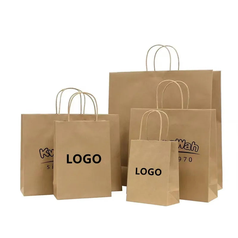 Eco-friendly Recycled Materials Classic Custom Logo Offset Printed Brown Kraft Shopping Bags Flexiloop Handle Twisted Handles