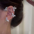 Anting Manset Telinga Silver Rhinestone Bowknot Cuff Earrings Non Pierced Diamond Bowknot Ear Cuff Earrings for Girls