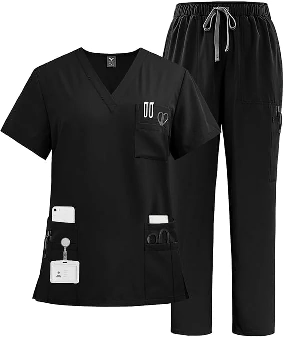 72% Polyester 21% Viscose 7% Spandex 200G V-Neck Top Drawstring Pant Quick Drying Woven Surgical Uniforms
