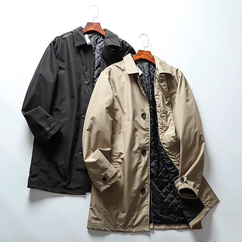 Fashion City Autumn and Winter Windproof Waterproof Cotton Warm Multi-pocket Windbreaker Men's Solid Color Casual Long Coat.