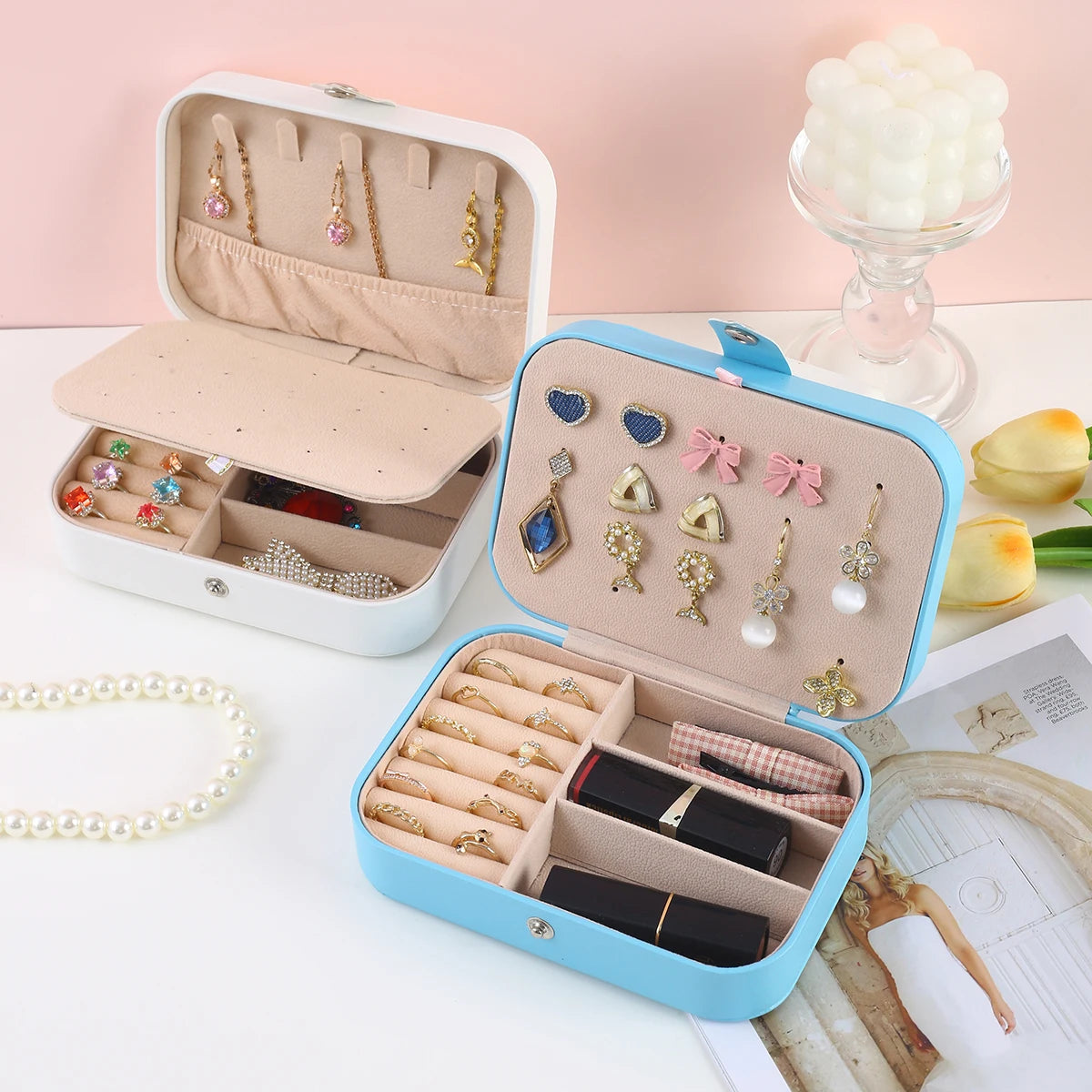 Jewelry Box Leather Large Capacity Portable Necklace Stud Ring Multifunctional Travel Jewelry Organizer square