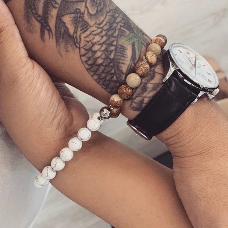 8mm Natural Stone Attractive Magnet Clasp Couple Bracelet Golden Crown Lucky Beaded Bracelet
