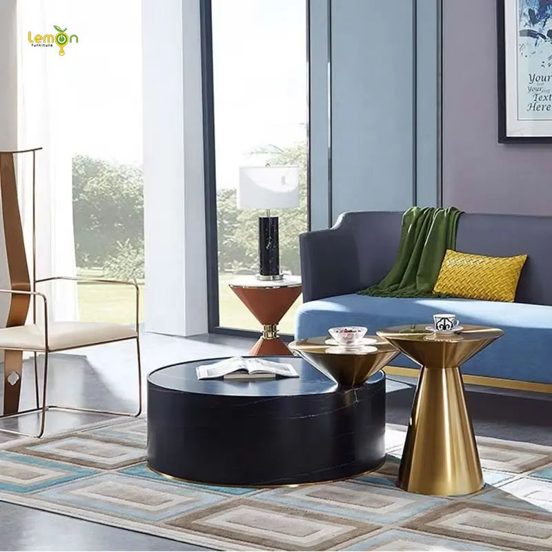 Modern Gold Nordic Design Combine Black Round Marble Top With Stainless Steel Tea Table