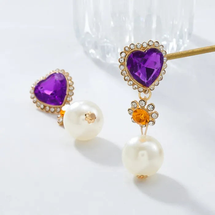 Luxury Crystal Rhinestone Heart Big Pearl Dangle Earrings for Women Girls Bridal Wedding Party Jewelry