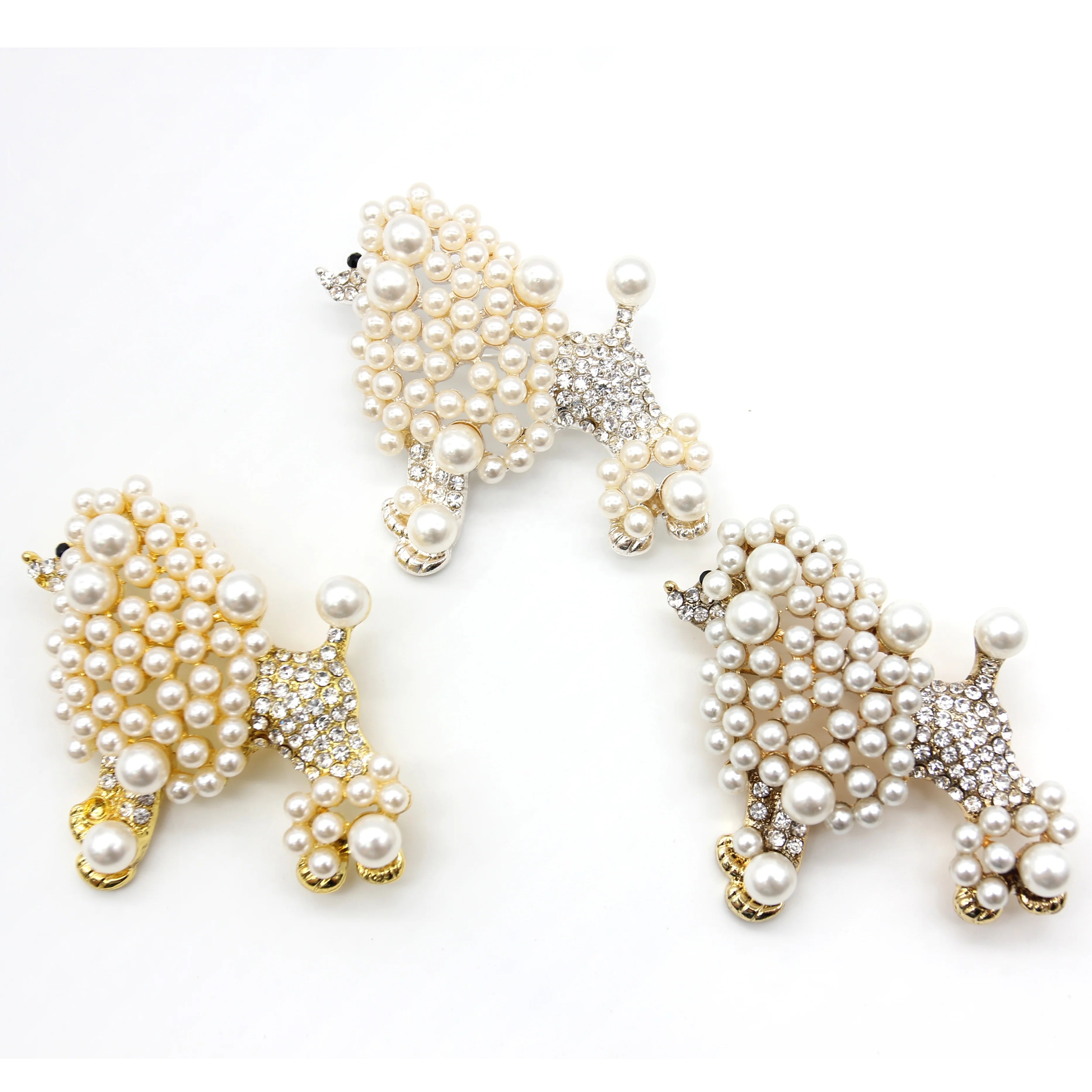 Fashion Jewelry Brooches Gold/Silver Tone Metal Rhinestone Pearl Dog Poodle Brooch Animal Pin