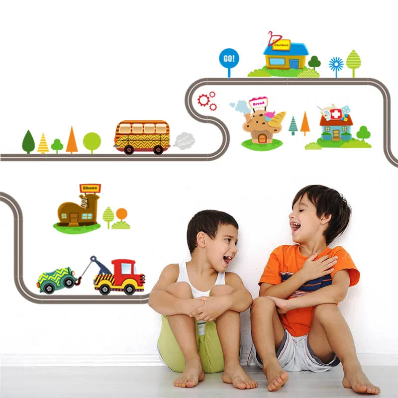 Cartoon Bus House Truck Line Wall Stickers Children's Room Decorative Decals Kid's Bedroom Home Decor Wall Mural