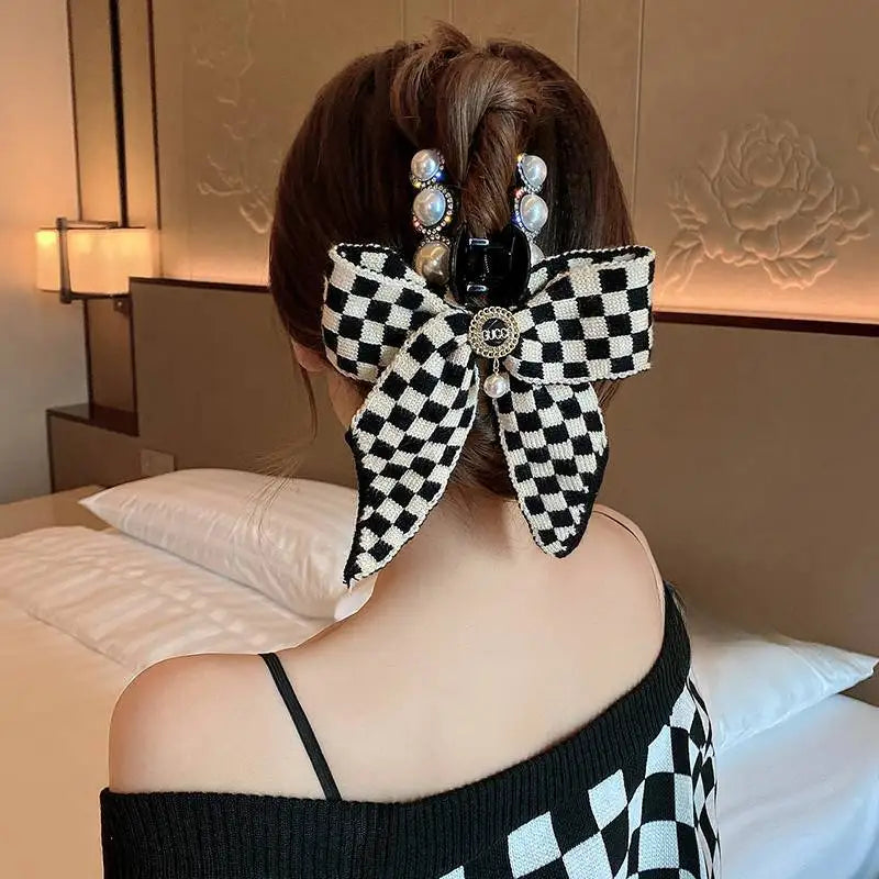 Large black and white checkerboard Bow Hair Claw For Women Girls Clamps Hair Crab Ponytail Hair Clip Claw Accessories Headwear