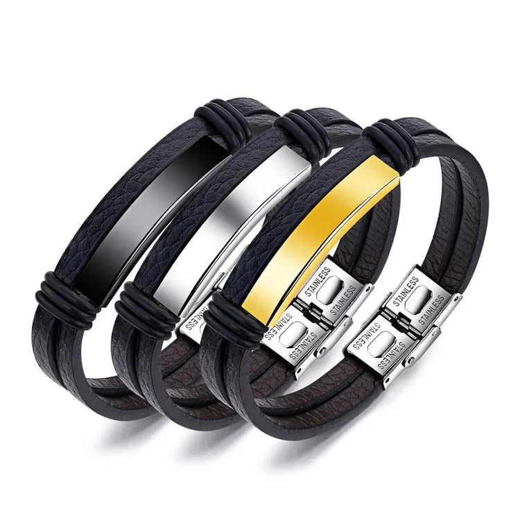Custom Engraved logo Name Bracelet Gold Plated Stainless Steel Blank bar Charm Leather Bracelets for Men