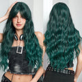 30 Inches Long Kinky Curl Hair Ladies Wig Dark Green With Bangs Artificial Hair Rose Net Matte Synthetic Fiber Wig