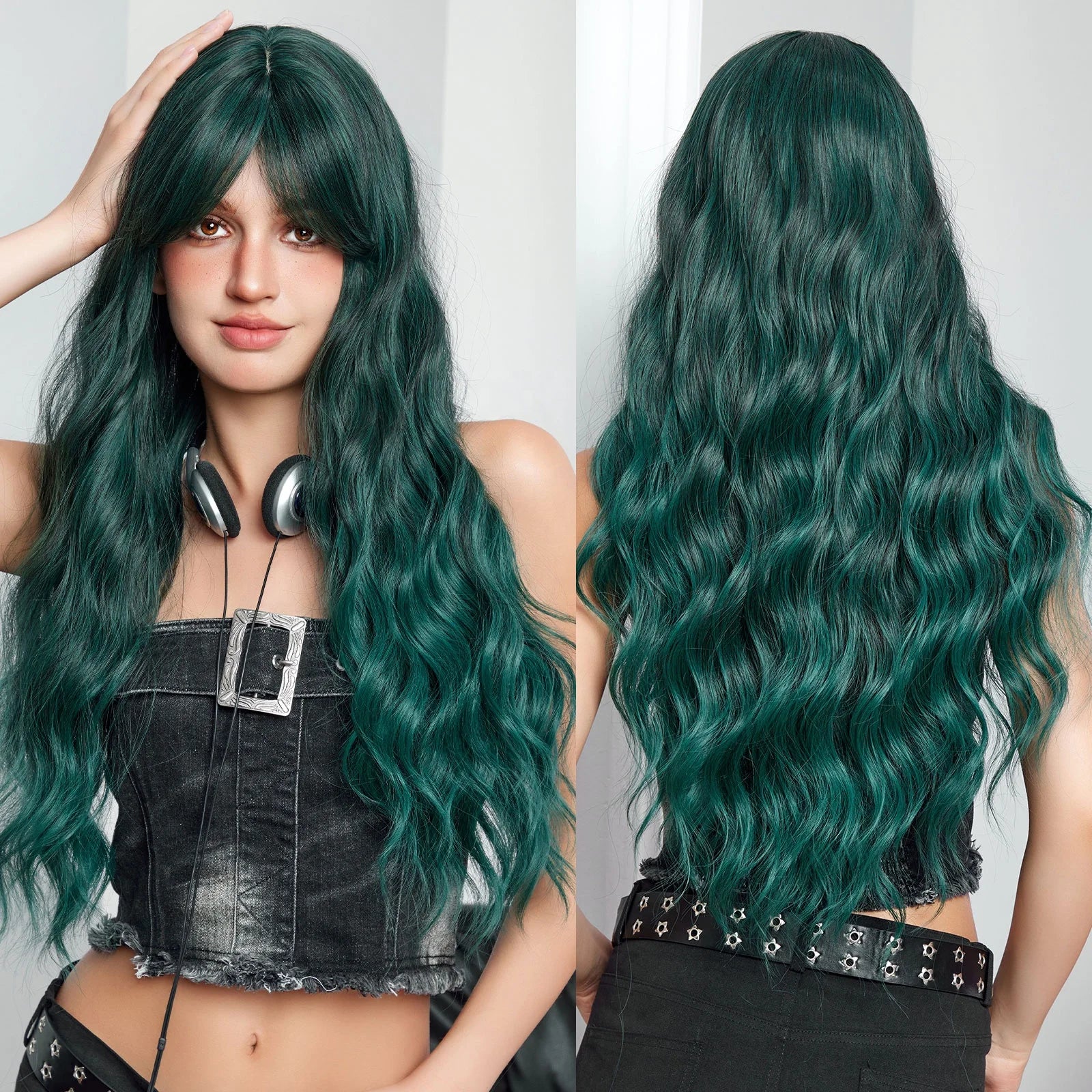 30 Inches Long Kinky Curl Hair Ladies Wig Dark Green With Bangs Artificial Hair Rose Net Matte Synthetic Fiber Wig