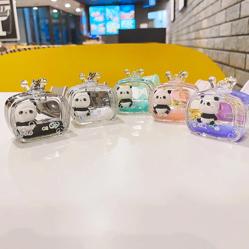 2024 Hew Cute Creative Acrylic Keyring Key Chain Ring Oil Floating Doll Panda Bubble Boba Quicksand Milk Tea Cup Liquid Keychain