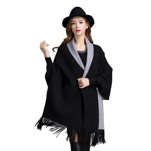Winter Causal Loose Knitted Tassel Poncho Batwing Sleeve Duplex Shawl