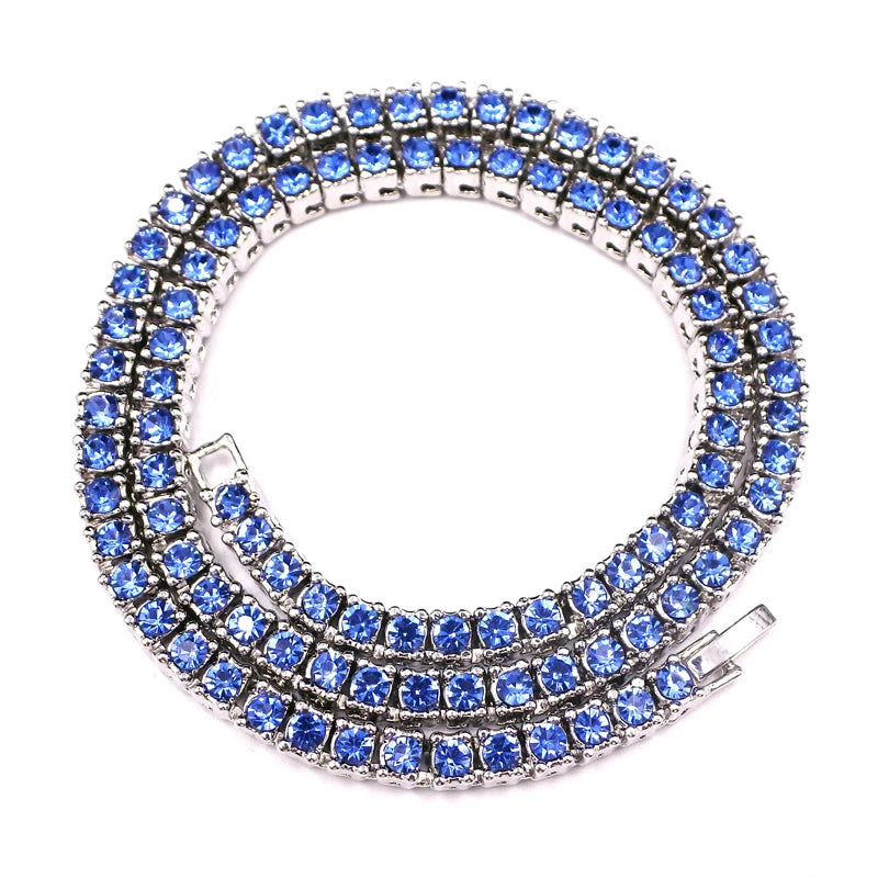 Fashion Popular Unique Design Hip Hop Jewelry Blue Crystal 5MM Iced Out 1 Row Tennis Link Chain Necklace Jewelry for Gift