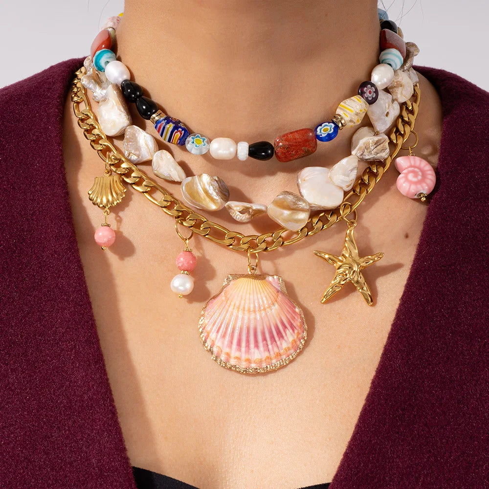 2025 Bohemia Style Exaggerated Large Shell Sea Star Shell Sea Mussel Stainless Steel Faigaro Chain Beaded Pearl Shell Necklace