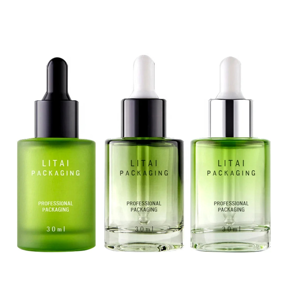 Luxury Cosmetic Glass Packaging 30ml Custom Frosted pink Green Brown 1oz Glass Serum Bottle With Dropper for Essential Oil