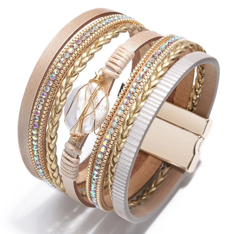 Bohemian Magnetic Buckle Charm Pearl Handmade Wrap Leather Boho Bracelet Jewelry for Women MegaBDM