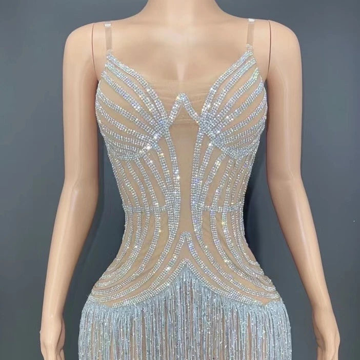 Women Sexy Thin Straps Evening Party Catwalk Suit Dance Dress Sleeve Nightclub Stage Bar Dance Party Evening Dress