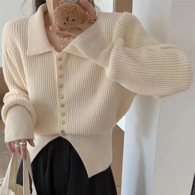 Autumn New Custom Knitwear for Women Casual Long Sleeve Open Chest Short Cardigan Coat Solid Cable Turn-Down Collar Small Front