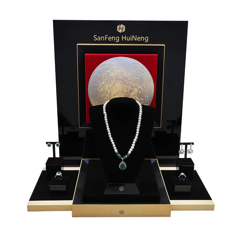 Custom Luxury Jewelry Display Props Ring Necklace Earrings Bracelet Jewelry Rack Moon Title Jewelry Display Stand Set MegaBDM