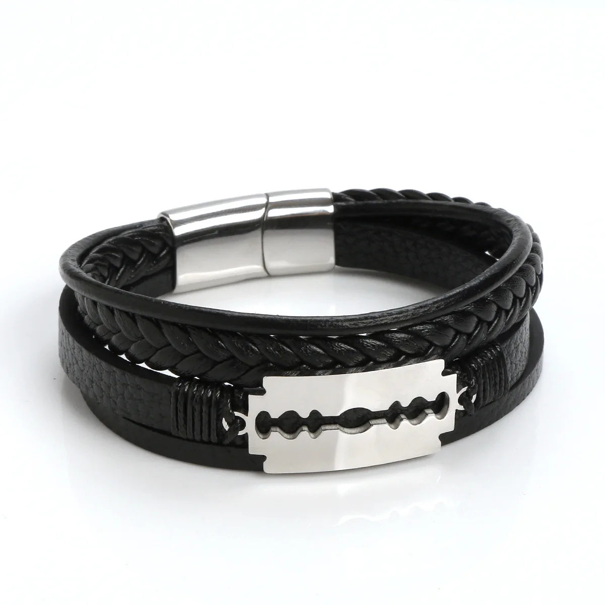 Men Multi-layer Genuine Leather Stainless Steel Razor Bangle Blade Alloy Clasp Leather Bracelet SCB027