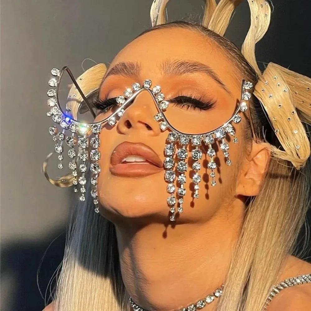2023 Latest Fashion Designer Bling Rhinestone Diamond Decoration Luxury Party Dance Metal Women Lensless Half Frame Sunglasses