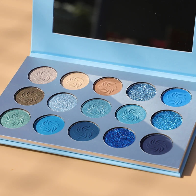Customized Vegan Make up Blue Shimmer Matte Glitter Eyeshadow Palette Wholesale