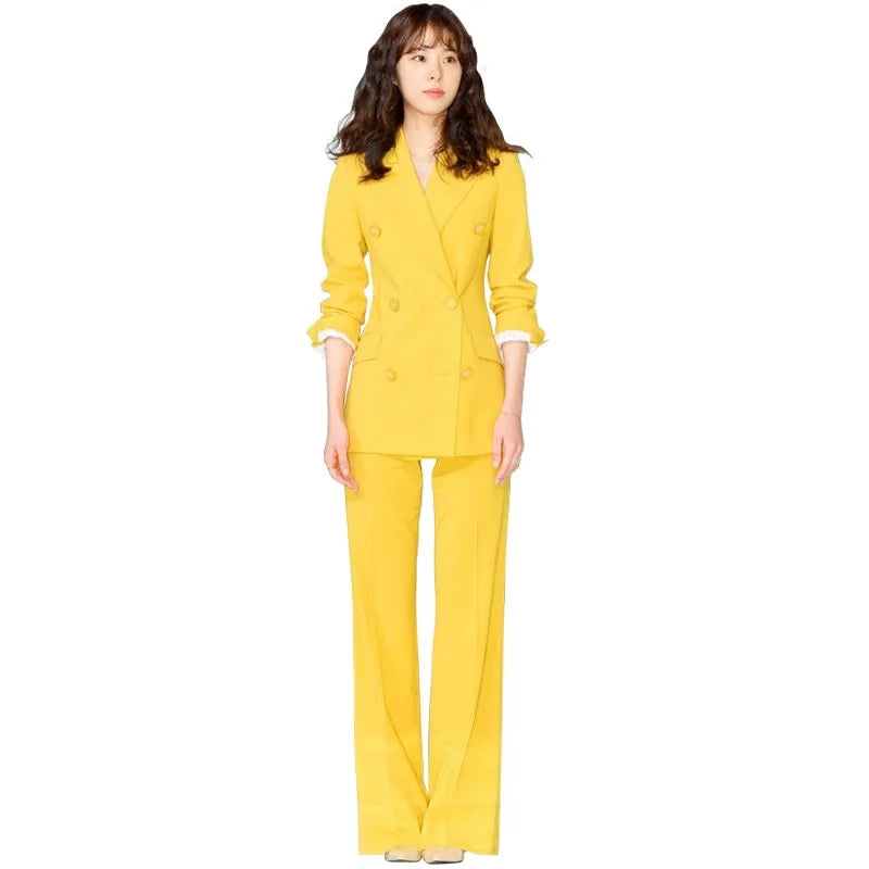 Chic Women's 2-Piece Double Breasted Blazer Pants Suit Elegant Office Lady Button Decoration for Business Casual Parties Loos