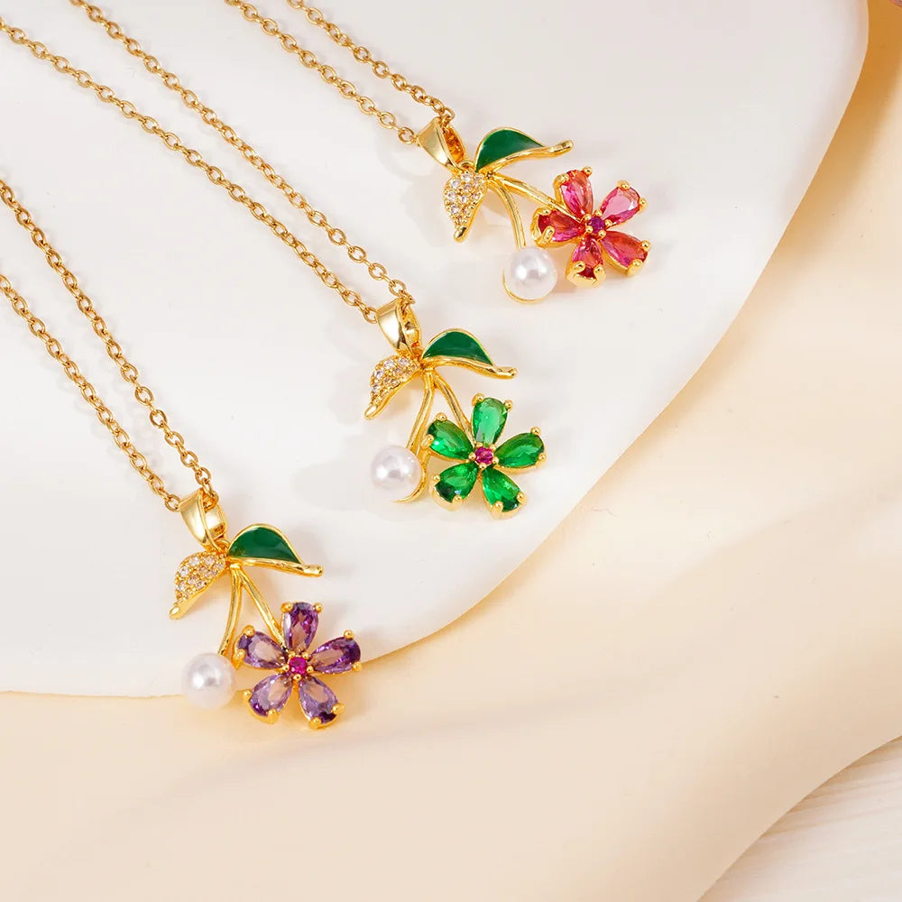New Stainless Steel Jewelry Ladies Colorful Zircon Flower Necklace Women Fashion Rotating Necklaces for Gift
