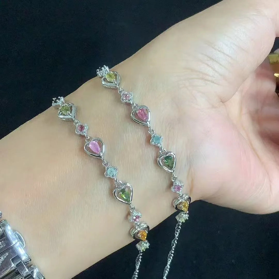 S925 Sterling Silver Plated Fancy Chain Bracelet Natural rainbow Candy Tourmaline Bracelets for Girls