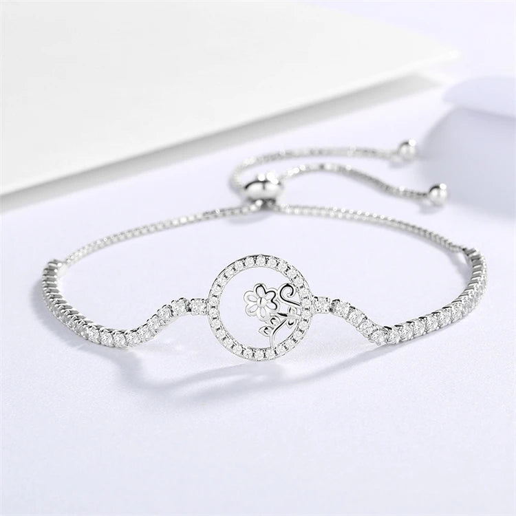 Fine Jewelry Cubic Zirconia Hollow Disc Flower Charm Bracelet 925 Sterling Silver Adjustable Tennis Chain Bracelet For Women