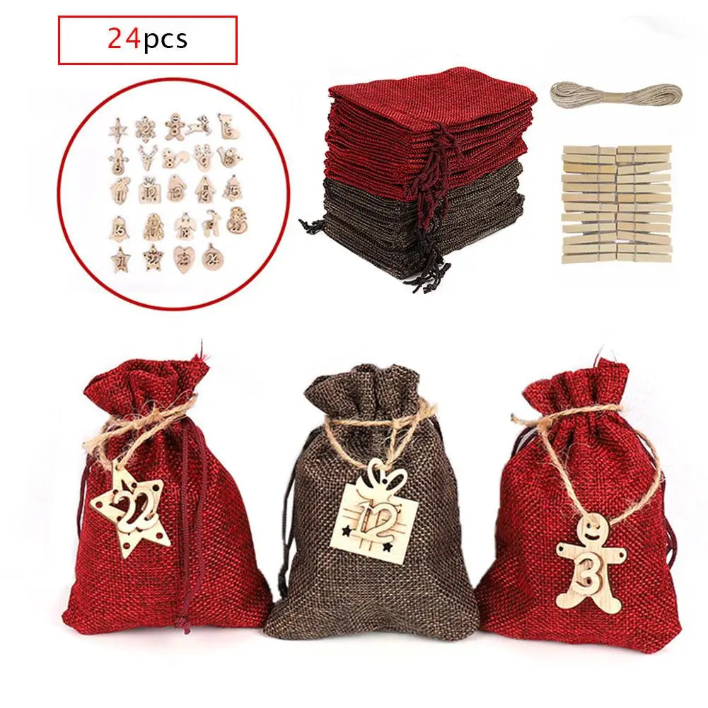 Personalized 24 Days Fabric Christmas Burlap Hanging Advent Calender Bag for Kids Home Office Party Deco DIY Adventskalende