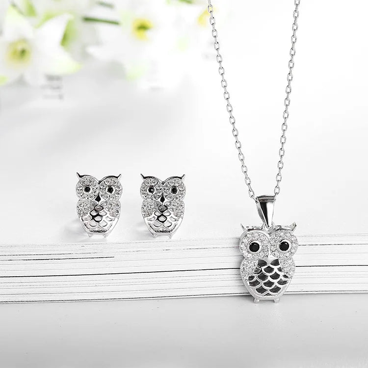For  Party 925 Sterling Silver Jewelry Sets Rhodium Plating Women Owl Animal Aaa Cubic Zirconia Jewelry Set
