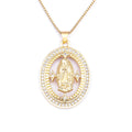 QIKU Religious Oval Design Crystal Virgin Mary Pendant Necklace Gold Color Copper Zircon Fashion Link Chain Choker Wholesale
