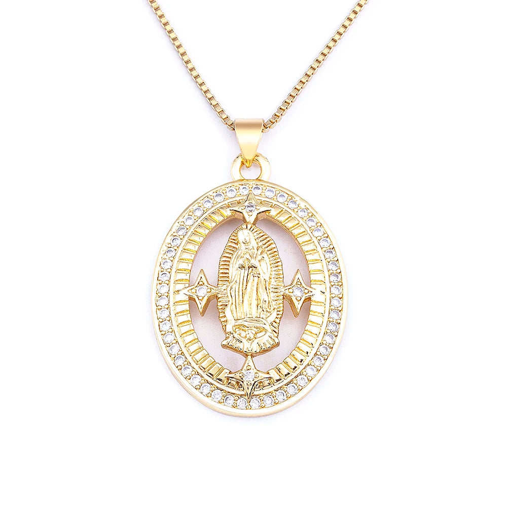 QIKU Religious Oval Design Crystal Virgin Mary Pendant Necklace Gold Color Copper Zircon Fashion Link Chain Choker Wholesale