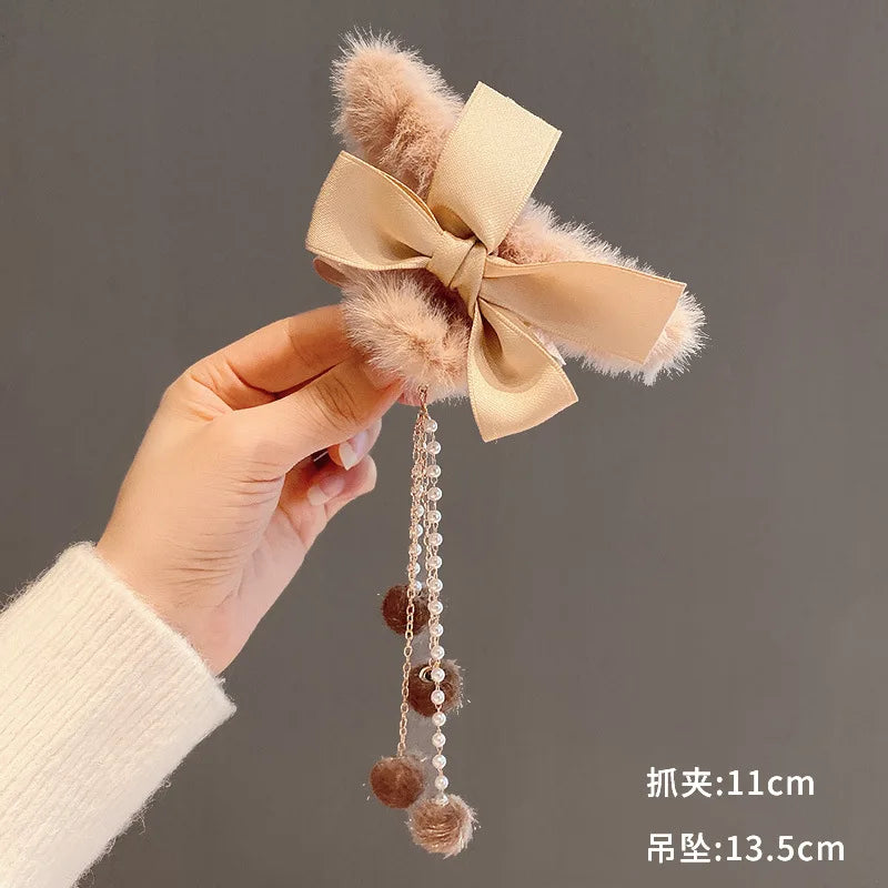 Wholesale Custom Korean Bows Butterfly Heart Women Hair Shark Plush Tassels Hair Claw Clips for Girls