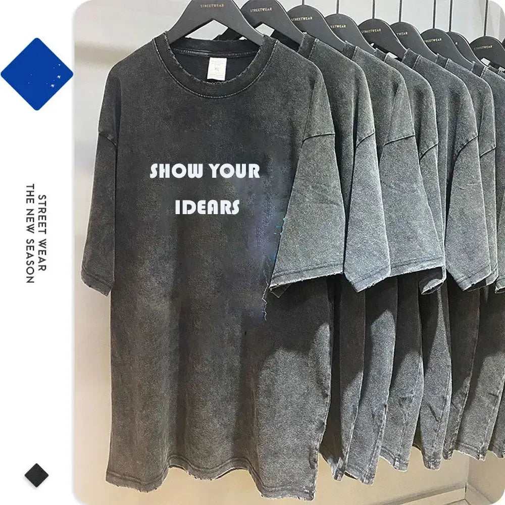 260Gsm Heavy Weight Vintage T Shirt Washed Cotton Black T-Shirts Oversized Acid Washed Digital Printing Graphic Tshirts