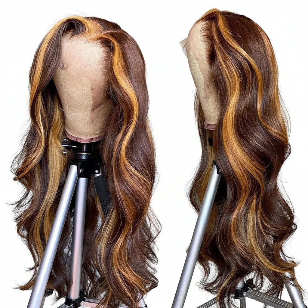 Wholesale Virgin Brazilian Hair High Density 13x4 Body Wave Highlight Colored Wigs Human Hair Transparent Lace Front Wig