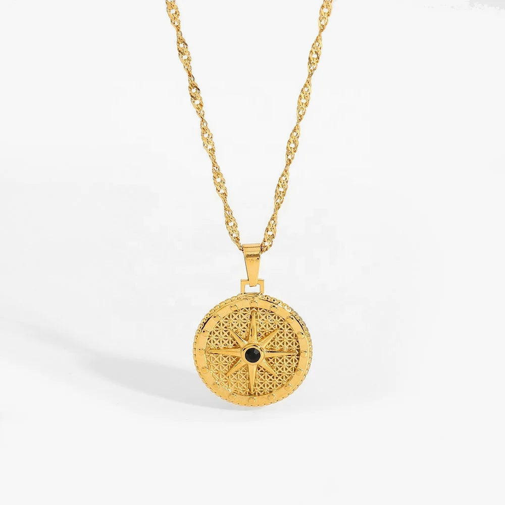 Trendy Titanium Steel Necklace 18K Gold Plating Stainless Steel Round Octagon Signet Black Diamond Necklace