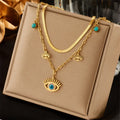 Personalized Vintage Double Layer Titanium Steel Link Necklace Devil Eye Zircon Pendant Heart Charm 18K Gold Plated Anniversary