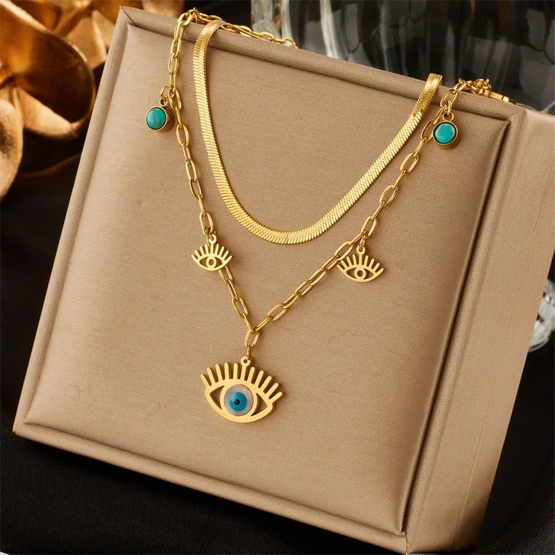 Personalized Vintage Double Layer Titanium Steel Link Necklace Devil Eye Zircon Pendant Heart Charm 18K Gold Plated Anniversary