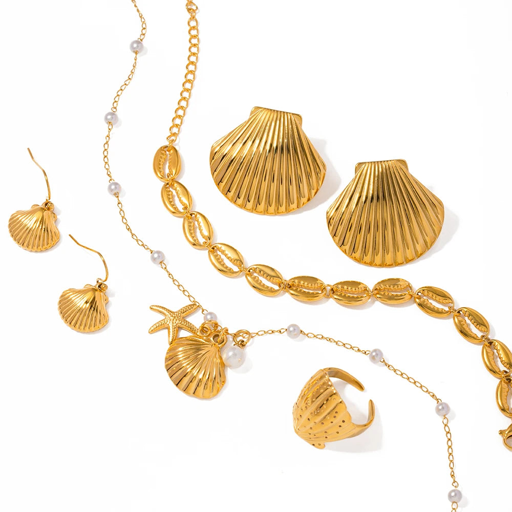 J&D Unique Earrings 18K Gold Plated Stainless Steel Texture Scallop Shell Shape Necklace and Earring Set