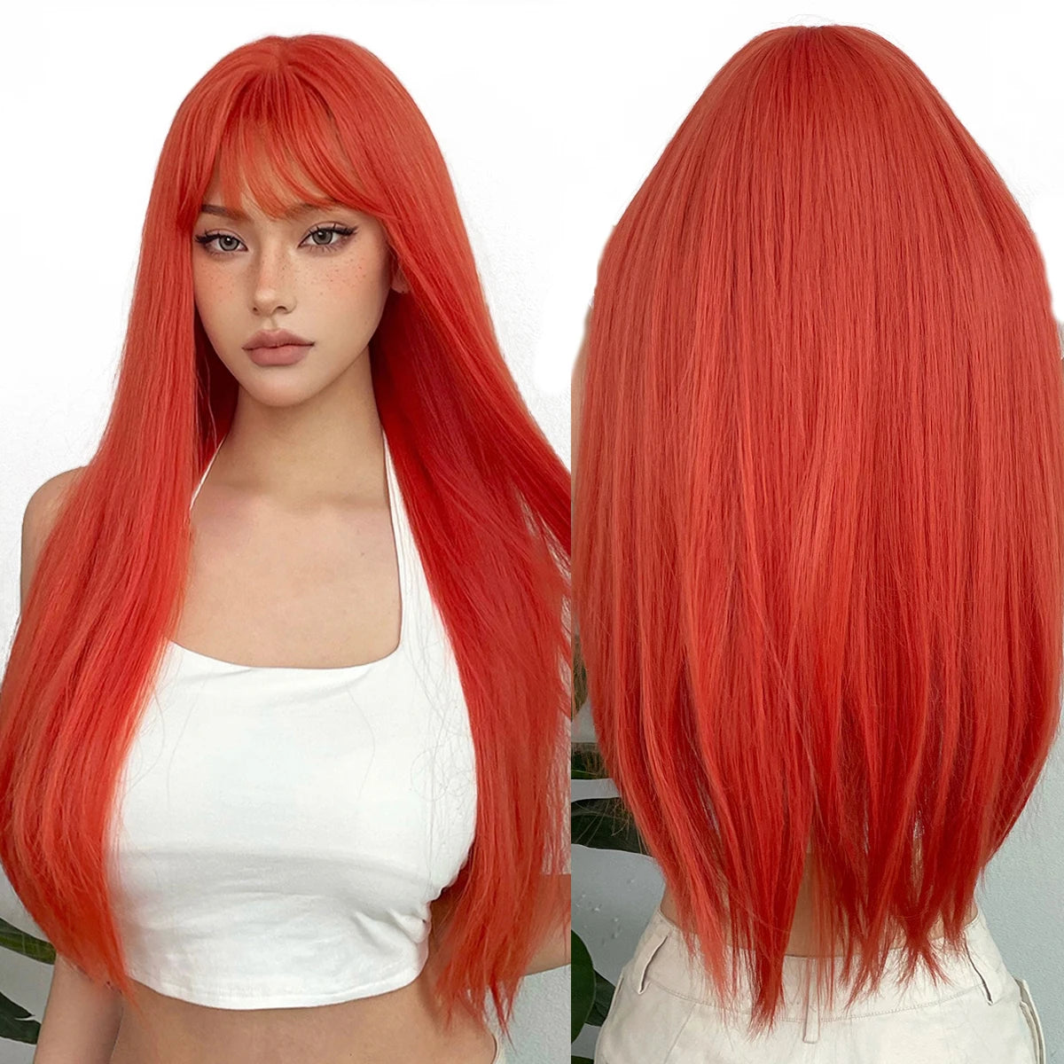 Factory Fast Delivery Long Straight Synthetic Wigs Light Orange Red Lolita Hair with Bangs for White Women 150 Density