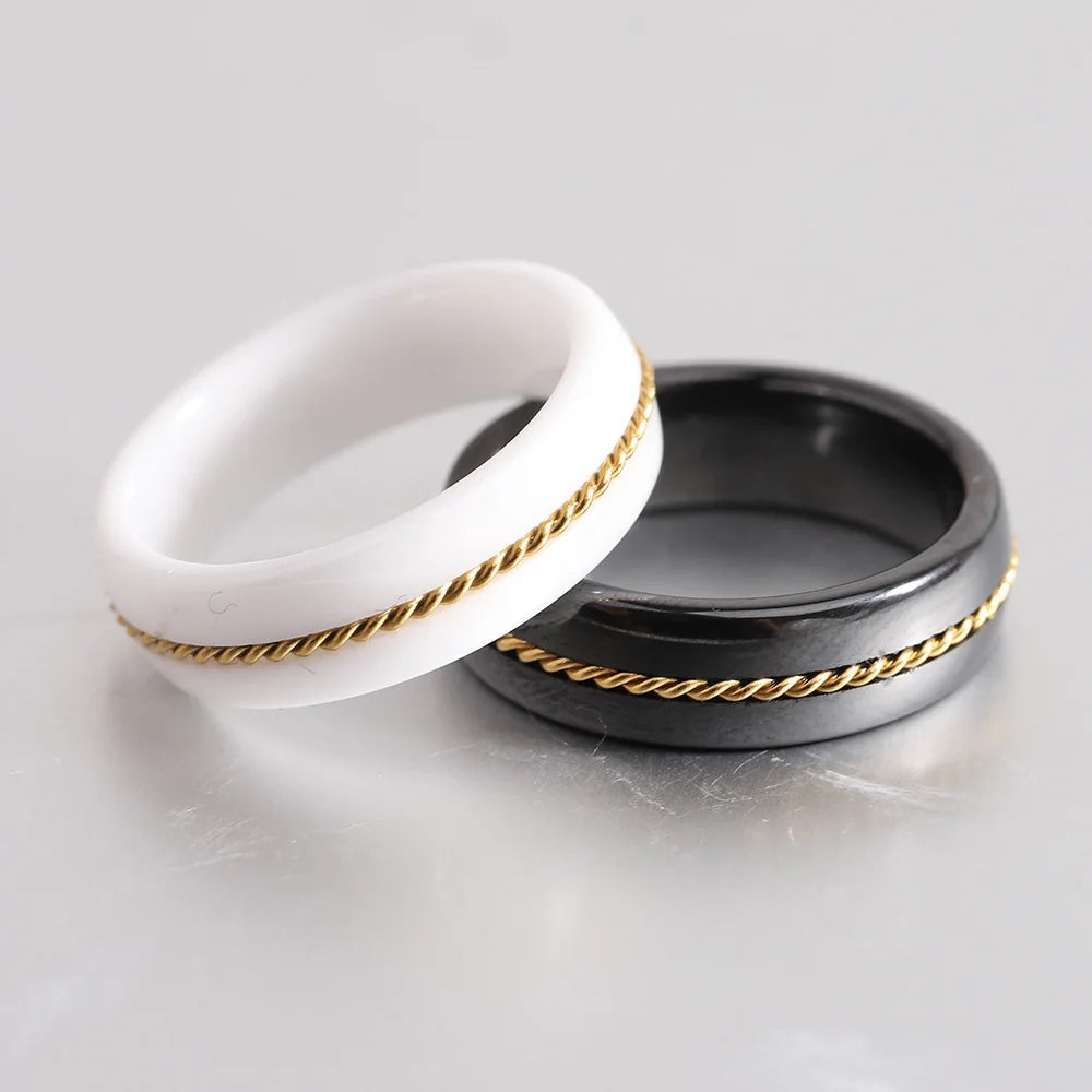 Fashion Personalized Simple 6mm Gold Stainless Steel Chain Black and White Ceramic Ring Couple Jewelry Accessories Wholesale