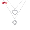 Luxury S925 Sterling Silver Jewelry Heart-Shaped  Four Leaf Clover Double Necklace Pendant Silver