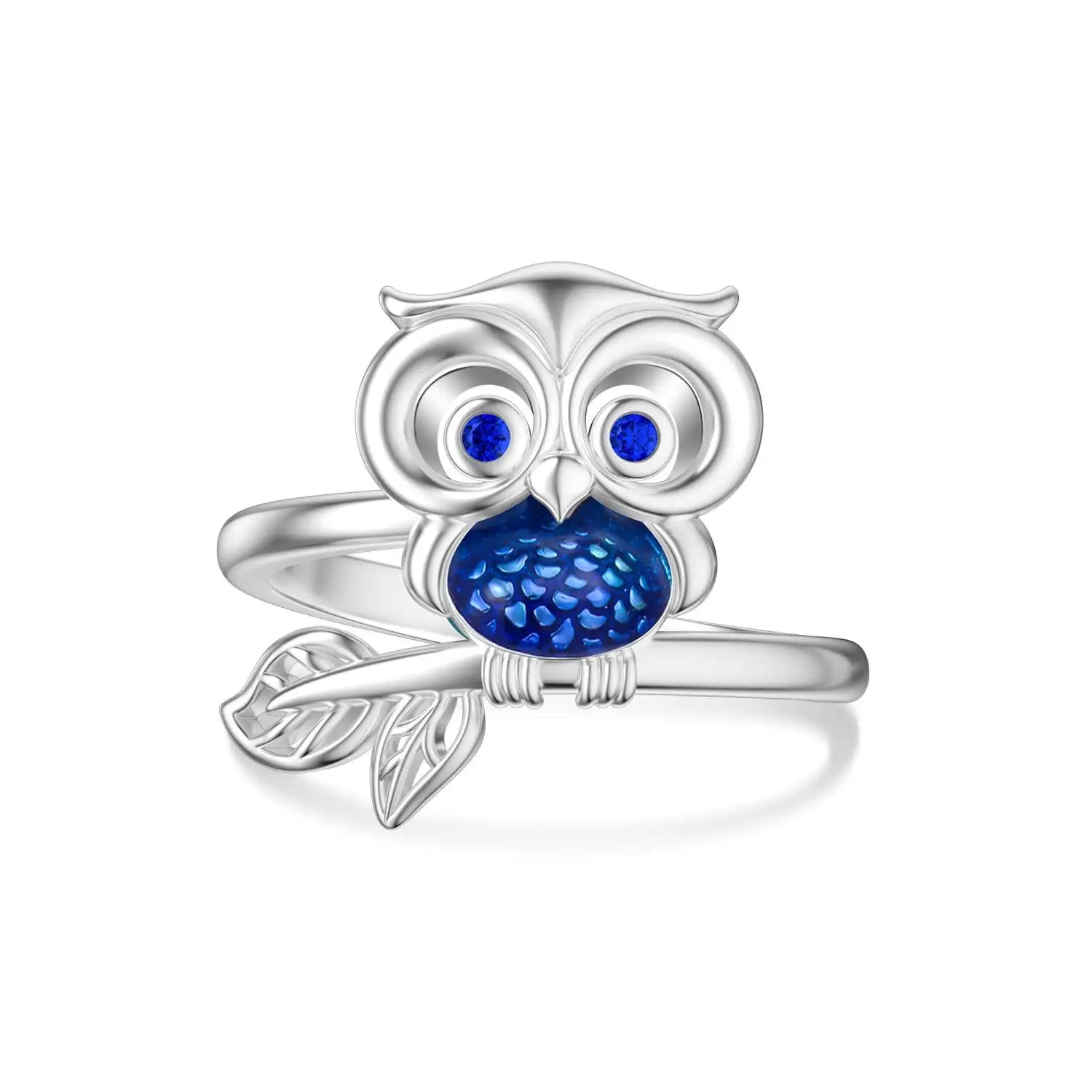Fine Jewelry 925 Sterling Silver Rhodium Plated Zircon Enamel Owl on the Tree Ring for Women