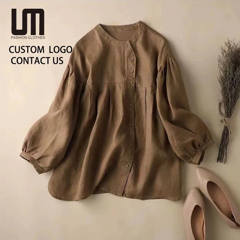 2025 New Women Cotton Shirt Single-Breasted Blouse with Lantern Sleeves Loose Casual Top Spring Summer Office Daily Wear