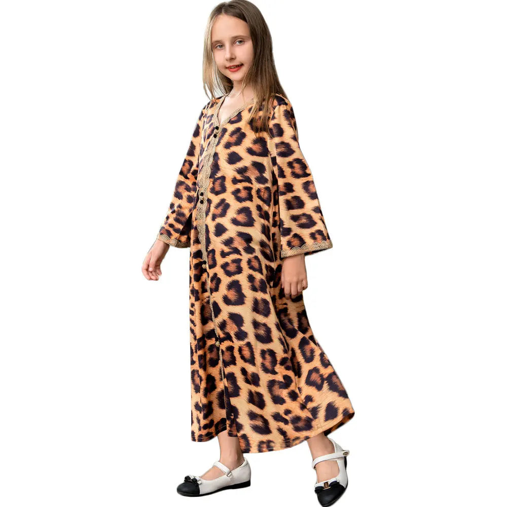Temperament Leopard Print New Abaya Designs Brown Parent-children Clothing Children's Clothing Trendy Dress Abaya Kids Abaya