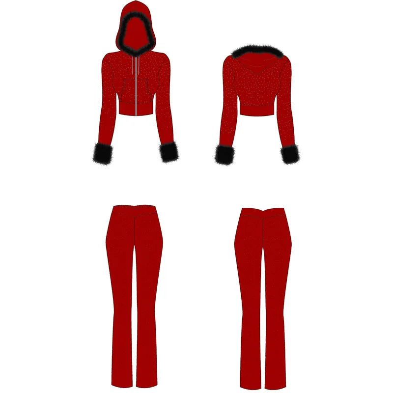 KY Femme Crop Zip up Hoodie Woman With Fur CUFF Zip up Hoodie Custom French Terry Zip up Hoodie Sweatpants New Sweatsuits